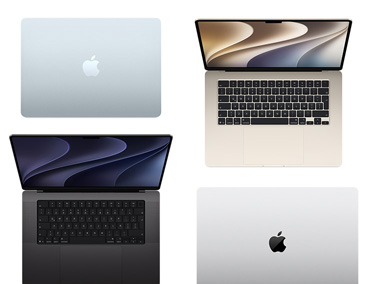Cuatro modelos de computadoras Mac en distintos tamaños y colores que muestran la amplia gama de opciones de personalización