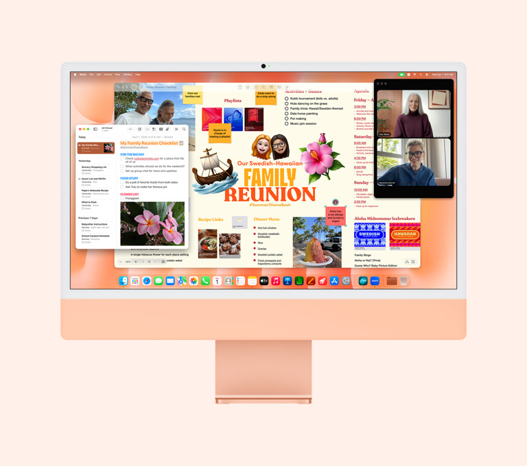 iMac, front exterior, orange color, screen displaying a person on a FaceTime call, a family reunion planning board, and Notes app
