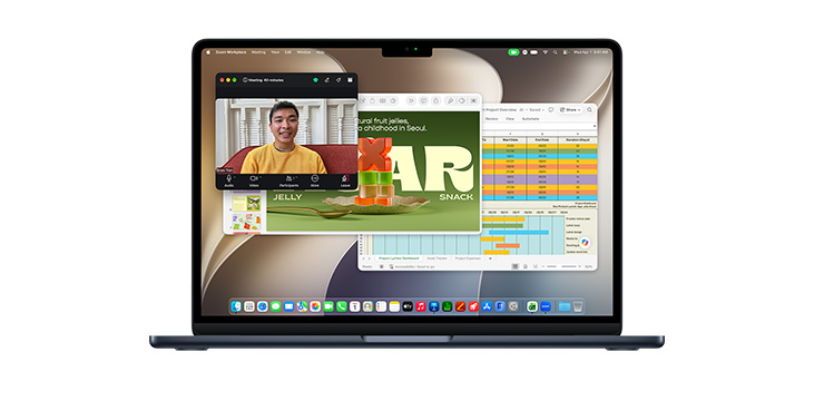 MacBook Air 13" runs Zoom, Excel, and Keynote simultaneously, highlighting advanced multitasking ability.