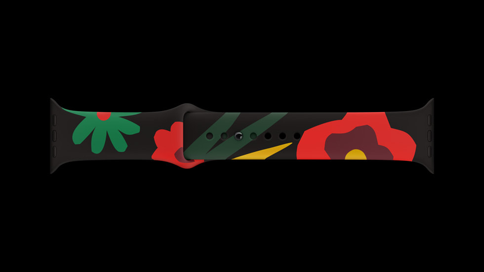새로운 Black Unity 컬렉션 스포츠 밴드를 보여주는 Apple Watch Series 9.