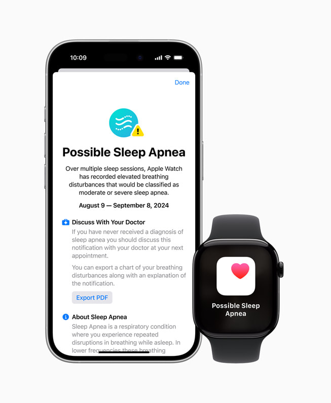 The new sleep apnoea notification feature displayed on Apple Watch Series 10 and iPhone 16 Pro.