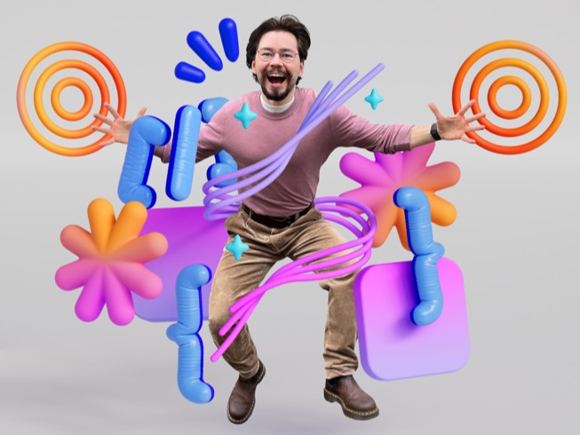 Anton Baranov springt begeistert in die Luft, umgeben von bunten 3D-Illustrationen, die Präsentationselemente wie Code-Klammern und Ziele darstellen.