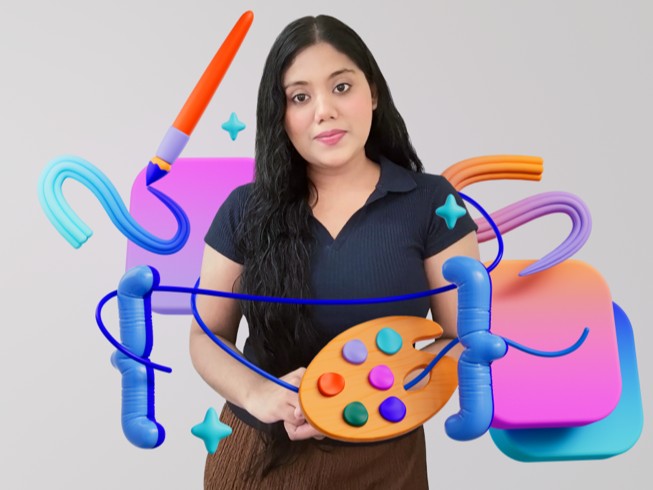 Gayatri Goundadkar hält die digitale Palette einer Künstler:in in der Hand, mit farbenfrohen 3D-Illustrationen eines Pinsels und einer geschwungenen Linie, die ein Tremor darstellt, der korrigiert wird.