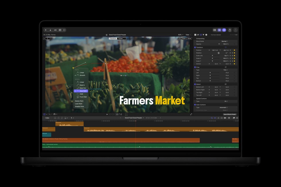 MacBook Pro displays a Final Cut Pro screen showing keyframe easing.