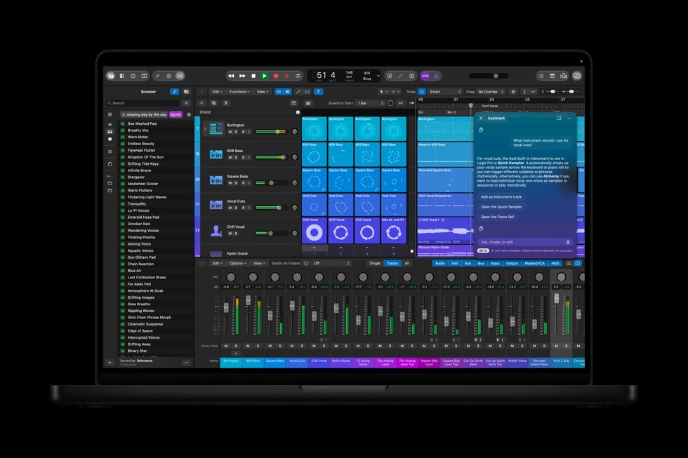 MacBook Pro shows a Logic Pro screen with Liquid Glass.