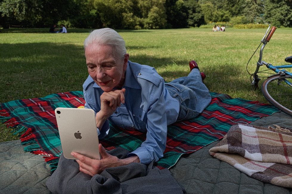Pessoa deitada em uma manta no parque olhando para o iPad mini.