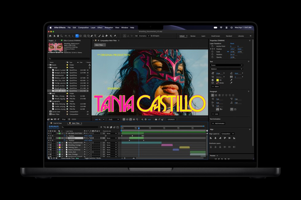 Ein Projekt wird in Adobe After Effects auf einem 14" MacBook Pro mit M6 bearbeitet.