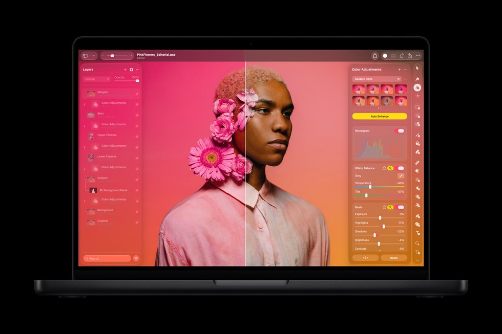 Ein Bild wird in der Pixelmator Pro App auf einem 14" MacBook Pro mit M6 bearbeitet.