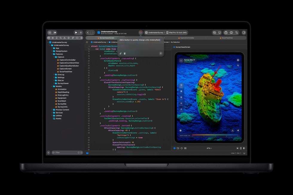 Zeilen von Code werden in Xcode auf dem neuen 14" MacBook Pro mit M6 kompiliert.