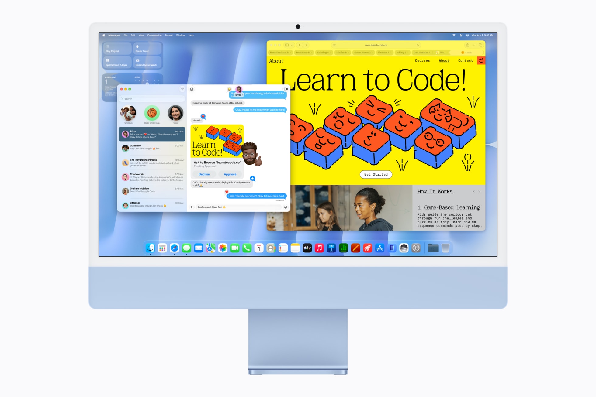 The Messages app is displayed alongside Safari on iMac with M6 in blue.