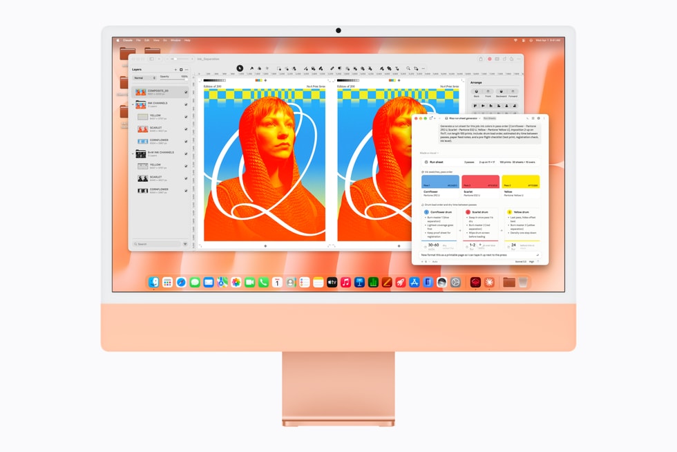 Die Claude App wird neben Pixelmator Pro auf dem iMac mit M6 in Orange angezeigt.