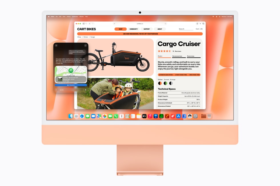 Una iMac naranja con M6 muestra una página de producto en Safari donde un usuario ha usado Siri AI para formular una pregunta.