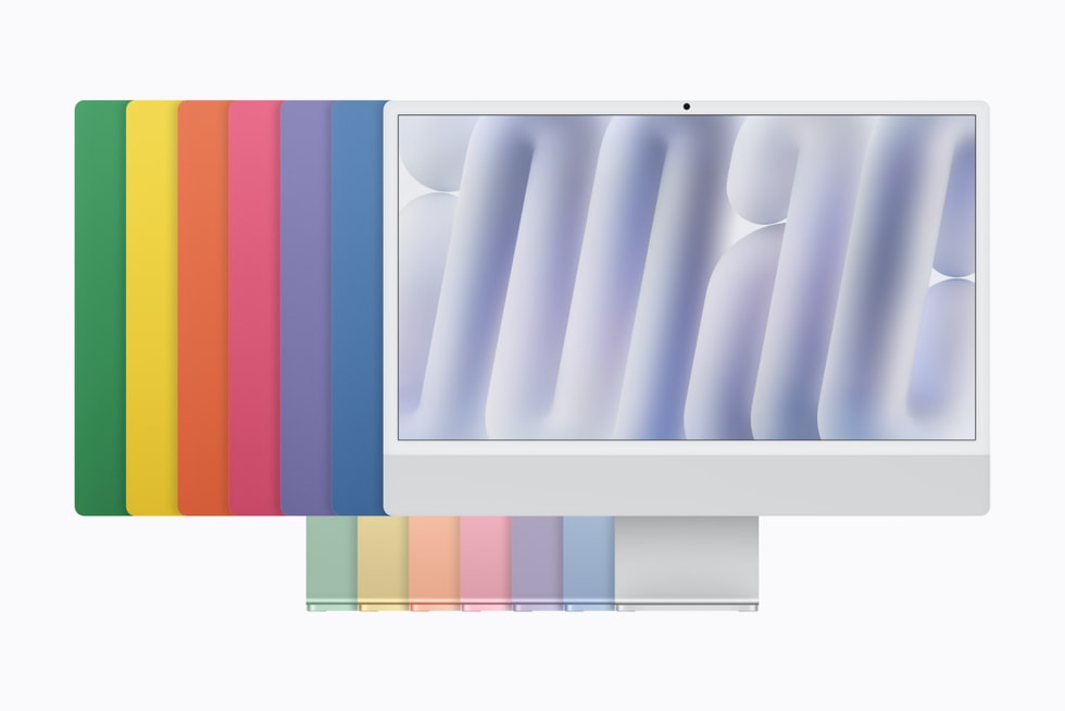 iMac with M6 in green, yellow, orange, pink, purple, blue, and silver.