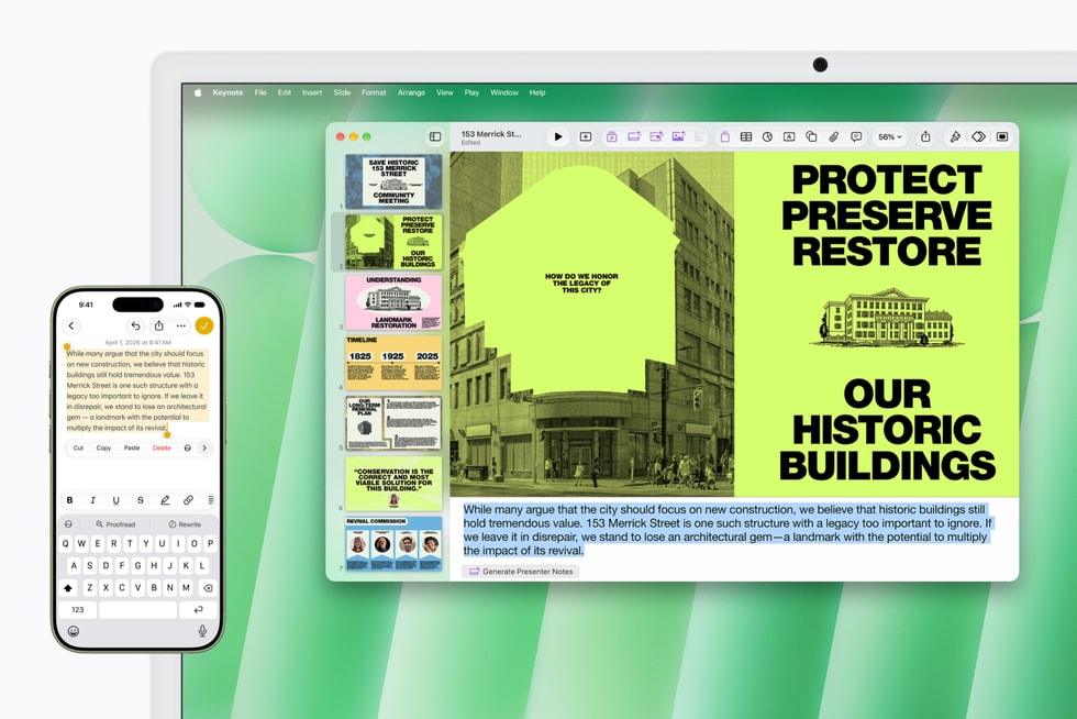 Continuity is used to transfer text from iPhone 18 Pro to a Keynote presentation on iMac with M6.