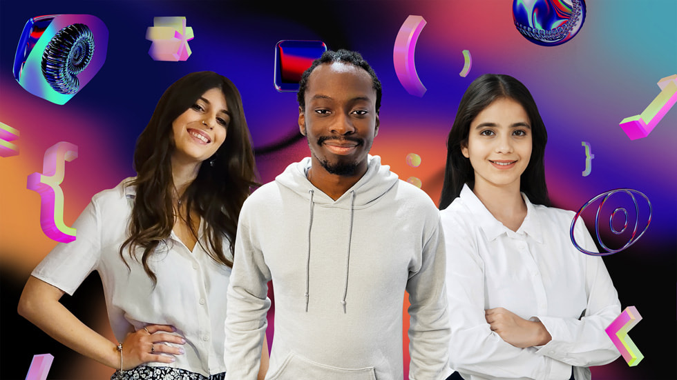 En collage med billeder af Swift Student Challenge-vinderne Marta Michelle Caliendo, Yemi Agesin og Asmi Jain.