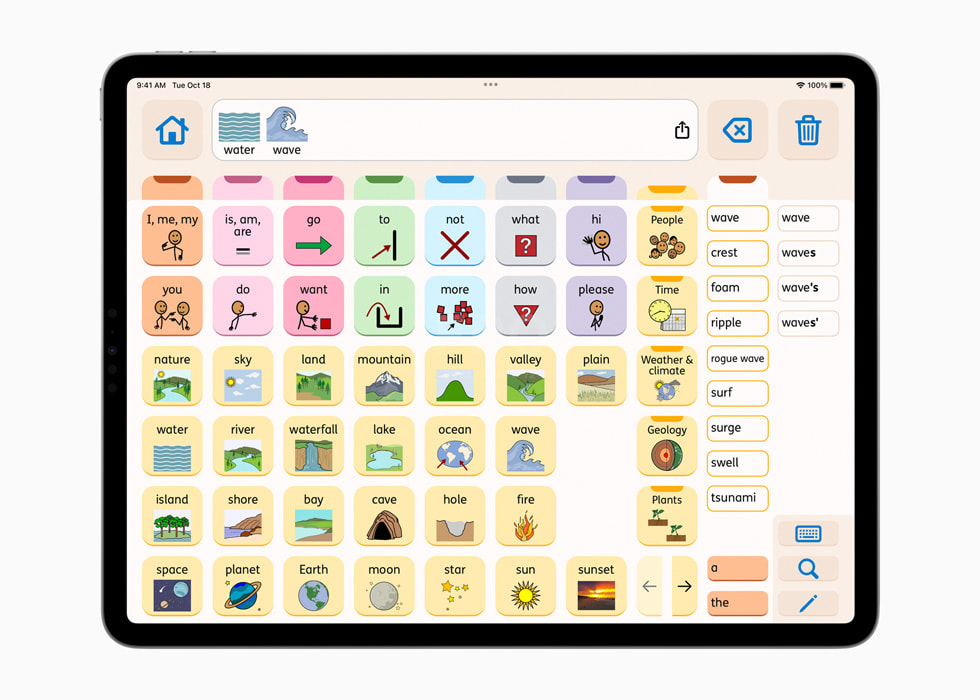 Proloquo-appens grænseflade vist på iPad.