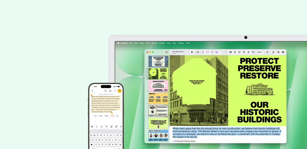 iMac and iPhone, side by side. Text from iPhone Notes app is copied and pasted onto iMac