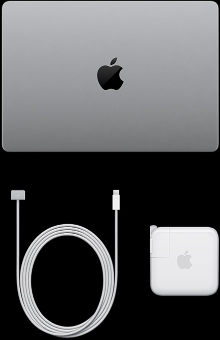 MacBook Pro with PROLED XDR Display, silver color, top, closed, USB-C charging cable and power adapter