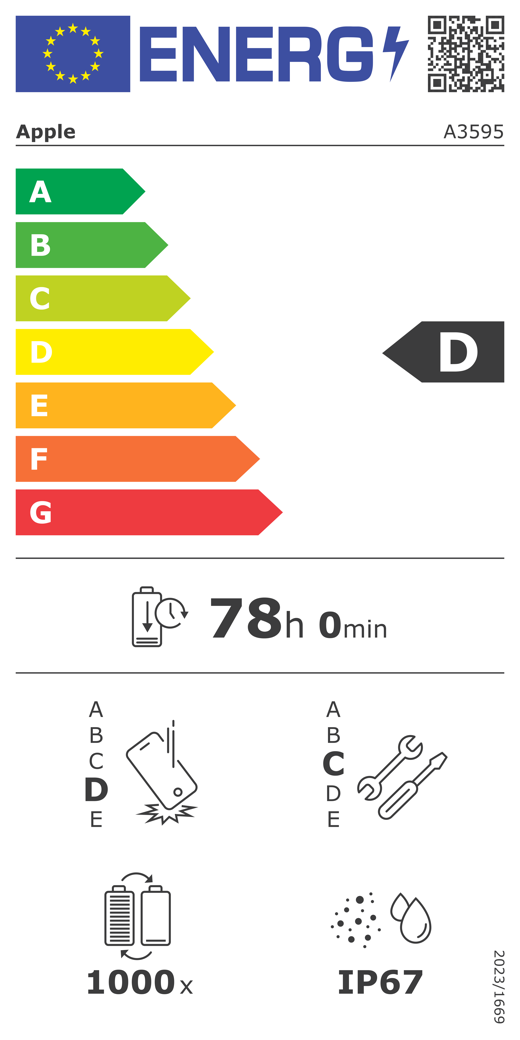 Etykieta energetyczna UE, kod QR i informacje, model Apple A3595, klasa D, klasy efektywności energetycznej (w skali od A do G), od A (najwyższa efektywność) do G (najniższa efektywność), trwałość baterii na cykl, 78 godzin i 0 minut na pełne naładowanie baterii, wytrzymałość na spadki swobodne wielokrotne klasy D, od A (największa solidność) do E (najmniejsza solidność), możliwość naprawy klasy C, od A (największa możliwość naprawy) do E (najmniejsza możliwość naprawy), trwałość baterii w cyklach 1000, ochrona przed wnikaniem pyłu i wody (IP) klasy IP67, rozporządzenie 2023/1669