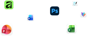 Różne ikony aplikacji unoszące się na ekranie, m.in. Microsoft Word, Adobe Photoshop, Canva i Figma