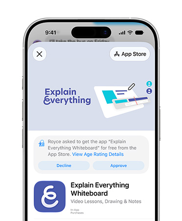 iPhone displaying the Explain Everything Whiteboard product page within the App&nbsp;Store, prompting the user to decline or approve access for a Child Account.