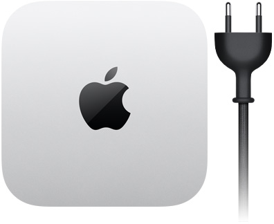 Mac mini, top, silver aluminum, square, rounded corners, glossy black Apple logo centered, black power cord with two-prong power plug