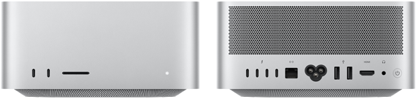Mac Studio spredu, dva porty USB‑C, slot na kartu SDXC, stavová kontrolka, zúžená základňa naspodku, plochá vrchná strana, zaoblené bočné strany, rovné hrany, strieborná farba, Mac Studio zozadu, perforovaný hliníkový prieduch, štyri porty Thunderbolt 5, jeden port Ethernet, jedna napájacia zásuvka, dva porty USB-A, jeden port HDMI, jeden konektor na slúchadlá a vypínač