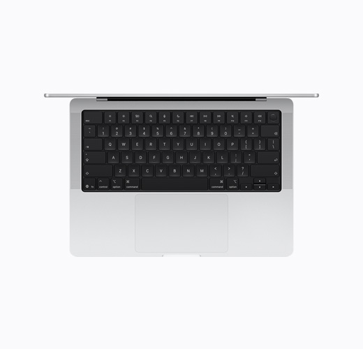 MacBook สีเงิน ตัวเครื่องภายในด้านบน ขณะเปิดอยู่