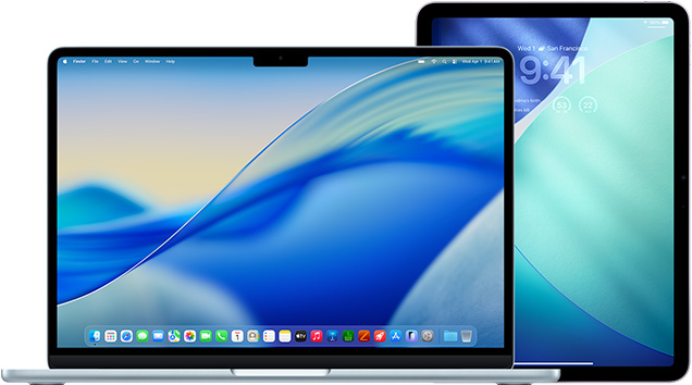 MacBook on left, iPad on right, screen displaying similar wavy gold shape wallpaper