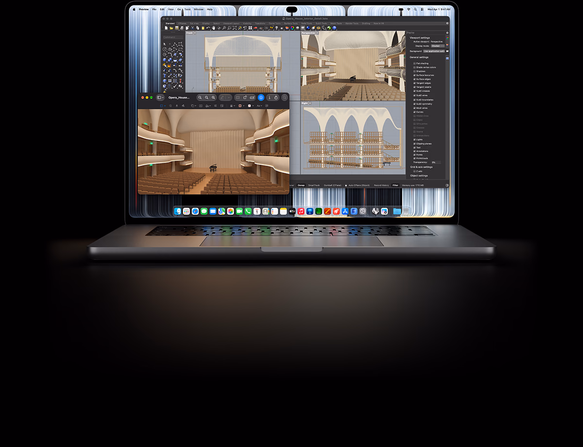 MacBook Pro รุ่น 16 นิ้ว พร้อมจอภาพ PROLED XDR, สีเงิน, หน้าจอแสดงการสร้างโมเดลวัตถุใน Rhino