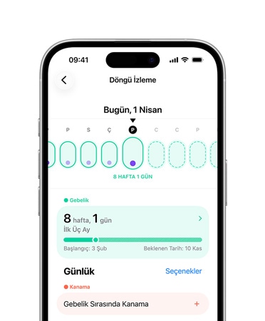 Önden görünen iPhone 16’nın Kullanıcı Arayüzünde Sağlık, Döngü İzleme yazıyor