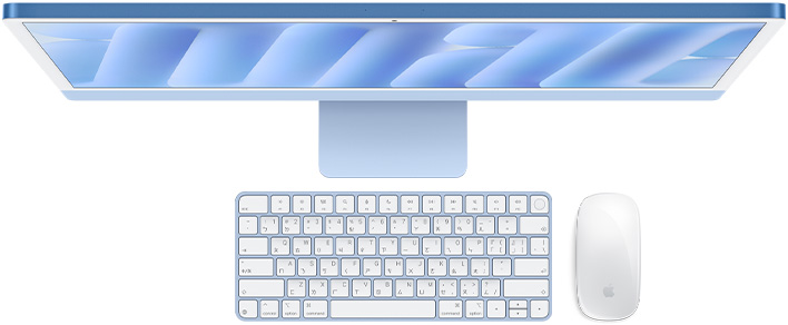 藍色 iMac 俯視圖，展示巧控滑鼠與含 Touch ID 的巧控鍵盤