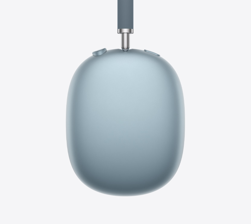 Căști AirPods Max 2, parte exterioară laterală, culoare Albastru, detaliu al brațului telescopic, pernițe auriculare, Digital Crown și buton de Control zgomot