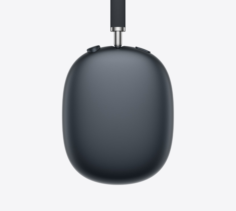 Căști AirPods Max 2, parte exterioară laterală, culoare Miezul nopții, detaliu al brațului telescopic, pernițe auriculare, Digital Crown și buton de Control zgomot