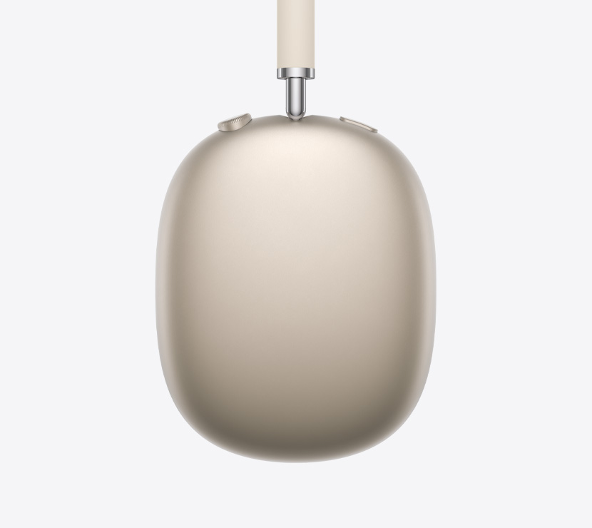 Căști AirPods Max 2, parte exterioară laterală, culoare Strălucire stelară, detaliu al brațului telescopic, pernițe auriculare, Digital Crown și buton de Control zgomot