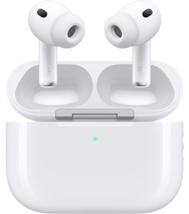 AirPods Pro 3 în carcasa de încărcare cu capacul deschis, partea exterioară frontală, Alb