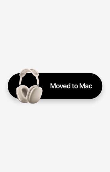 AirPods Max 2 pe culoarea Strălucire stelară și cuvintele Mutat pe Mac, reprezentând Comutarea automată