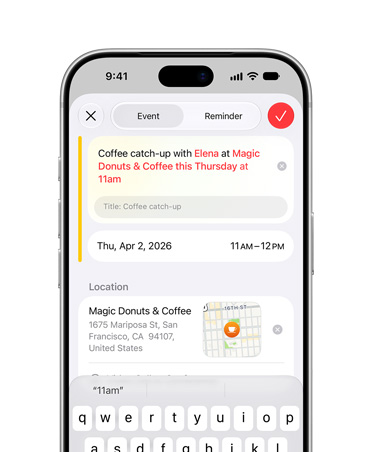 iPhone 18 Pro w kolorze srebrnym, na ekranie widać, jak Apple Intelligence tworzy wydarzenie w Kalendarzu na podstawie podanego przez użytkownika opisu