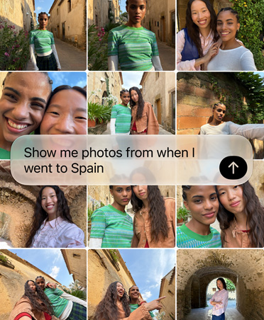 Kolaż zdjęć z wycieczki przedstawiający różne osoby w różnych miejscach. Nakładka tekstowa: Show me photos from the last time I went to Spain.