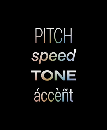 Cechy charakterystyczne głosu wypisane na czarnym tle, tekst: pitch, speed, tone, áccèñt