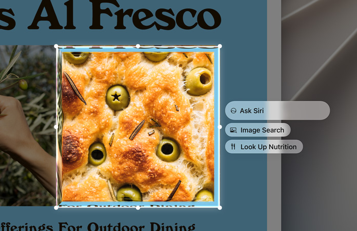 Captura de ecrã de alimentos, com uma caixa «Ask Siri» que apresenta opções para pesquisar a imagem ou consultar o respetivo valor nutricional.