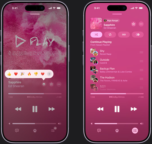 iPhone sur la gauche affichant la chanson « Sapphire » d’Ed Sheeran en cours de lecture sur l’écran de l’iPhone avec un emoji de réaction proposant les options pouce levé, cœur, célébrer, pouce baissé ou ajouter une autre réaction. iPhone sur la droite affichant une playlist collaborative intitulée Playlist Hawaii avec plusieurs morceaux ajoutés par d’autres personnes
