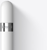 Показана е горната част на Apple Pencil 1-во поколение със заоблен връх, а около нея се очертава сребриста лента с името на продукта.