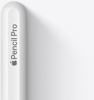 Показана е горната част на Apple Pencil Pro със заоблен връх, логото на Apple и надпис Pencil Pro.