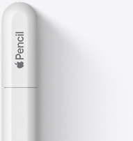 Показана е горната част на Apple Pencil USB‑C със заоблен връх, логото на Apple и надпис Pencil. На върха е разположена линия, обозначаваща мястото, на което капачката се отваря, за да позволи свързване с USB‑C кабел.