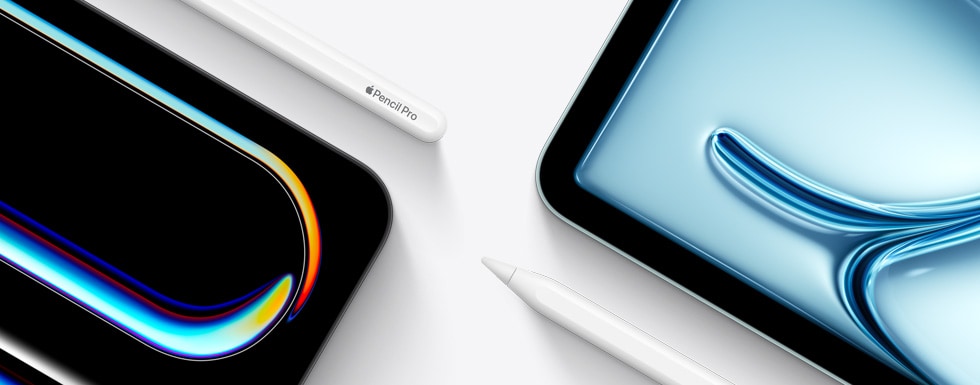 Горният десен ъгъл на iPad Pro с горната част на Apple Pencil Pro до него. Горният ляв ъгъл на iPad Air с върха на Apple Pencil USB‑C до него.