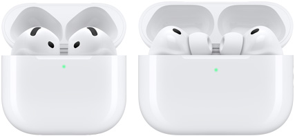 AirPods 5 และ AirPods Pro 3: หูฟังในเคสชาร์จที่เปิดอยู่, สีขาว, ไฟสถานะสีเขียวบนแต่ละเครื่อง