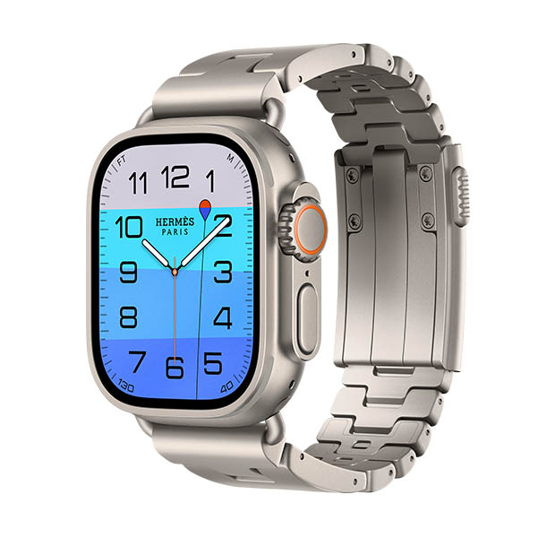 Apple Watch Hermès Ultra 4，原色鈦金屬錶殼，配搭 Gris Titane 鈦灰色 Grand H Titane 錶帶，螢幕顯示 Fathom 和 Wonder 指針錶面 (時針、分針和秒針、水深複雜功能，藍寶石的海洋顏色由淺色漸變至深藍色，上面漂浮著橙色浮標)，機身右側有數碼錶冠和凸起的側邊按鈕
