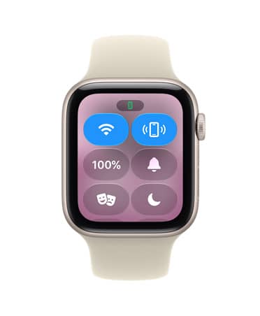 Apple Watch SE 3, vỏ nhôm, màu ánh sao, Trung Tâm Điều Khiển, biểu tượng ping iPhone, mặt ngoài bên phải, Digital Crown, Dây Đeo Thể Thao, màu tím sương khói