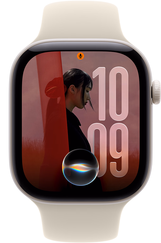 Apple Watch Series 12 com caixa branco-pérola de cerâmica e pulseira esportiva areia, mostrador Fotos com o ícone da Siri, Digital Crown no lado direito